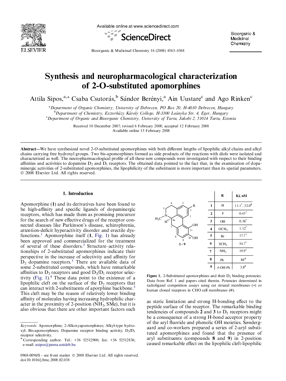 Synthesis and neuropharmacological characterization of 2-O-substituted apomorphines