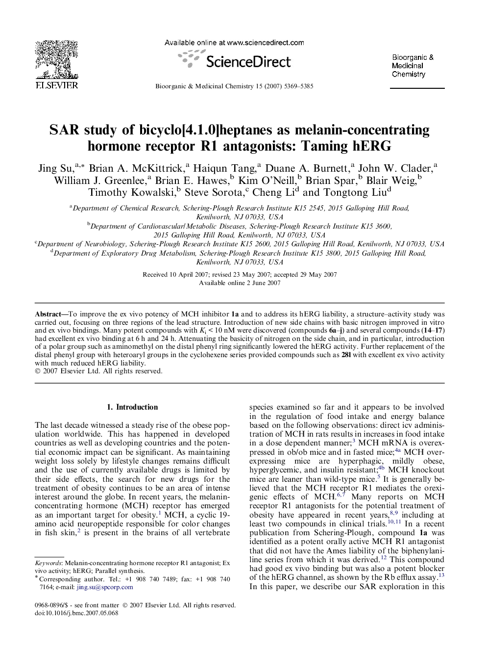 SAR study of bicyclo[4.1.0]heptanes as melanin-concentrating hormone receptor R1 antagonists: Taming hERG