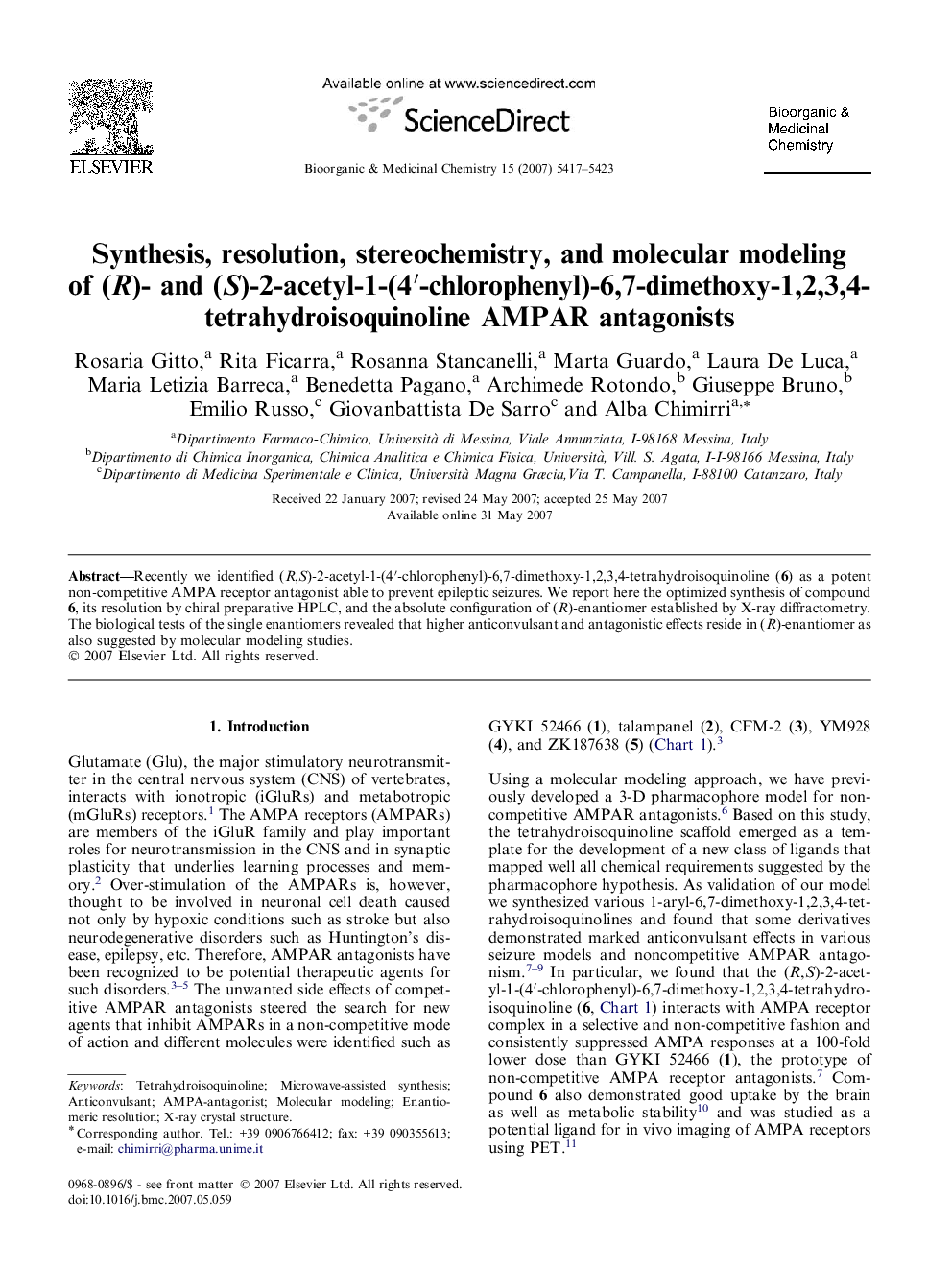 Synthesis, resolution, stereochemistry, and molecular modeling of (R)- and (S)-2-acetyl-1-(4â²-chlorophenyl)-6,7-dimethoxy-1,2,3,4-tetrahydroisoquinoline AMPAR antagonists