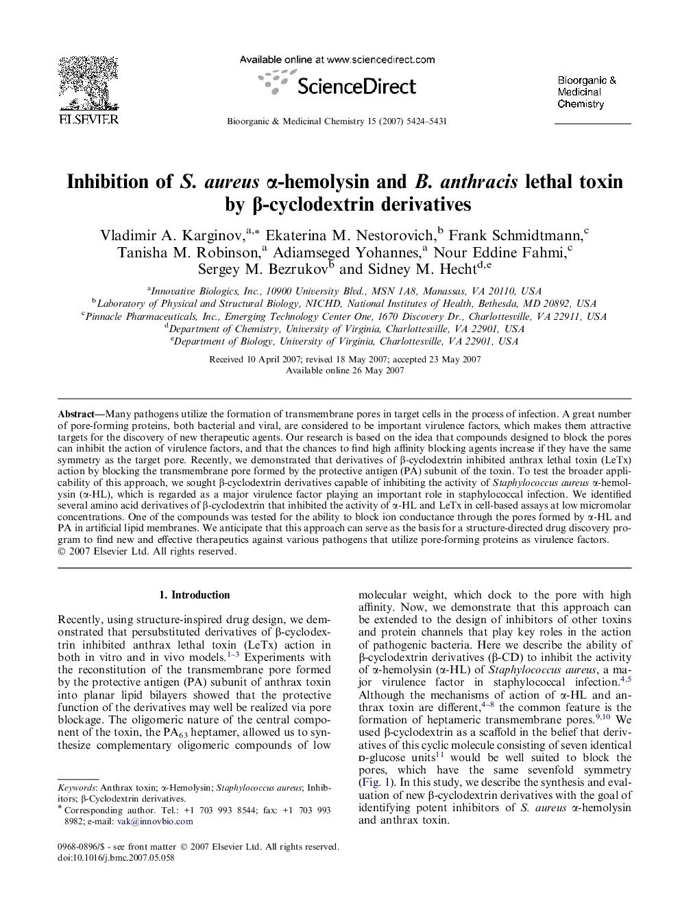 Inhibition of S. aureus α-hemolysin and B. anthracis lethal toxin by β-cyclodextrin derivatives