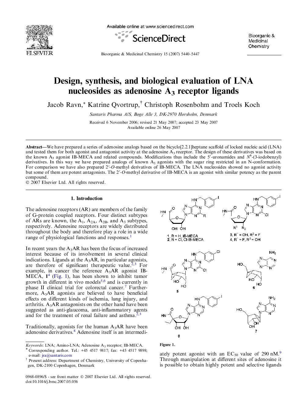 Design, synthesis, and biological evaluation of LNA nucleosides as adenosine A3 receptor ligands