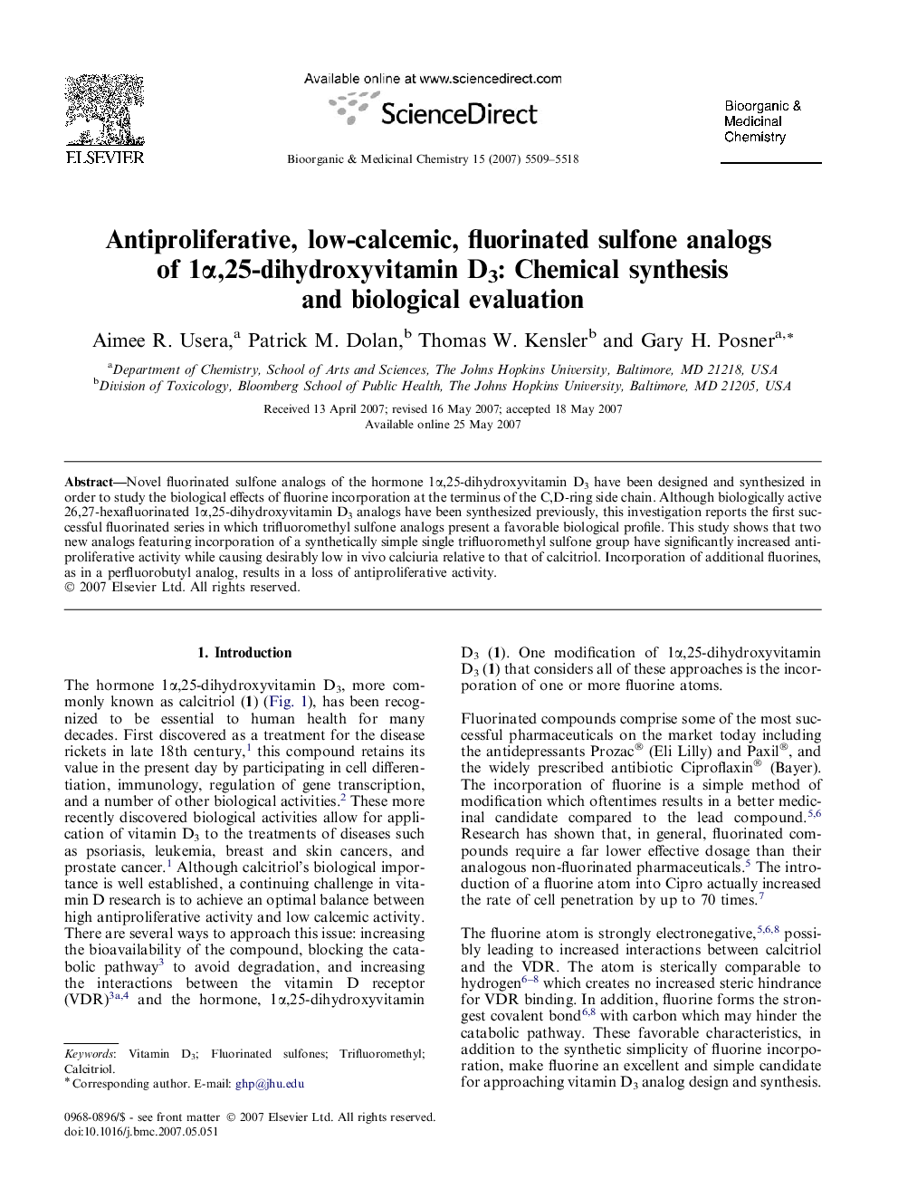 Antiproliferative, low-calcemic, fluorinated sulfone analogs of 1α,25-dihydroxyvitamin D3: Chemical synthesis and biological evaluation