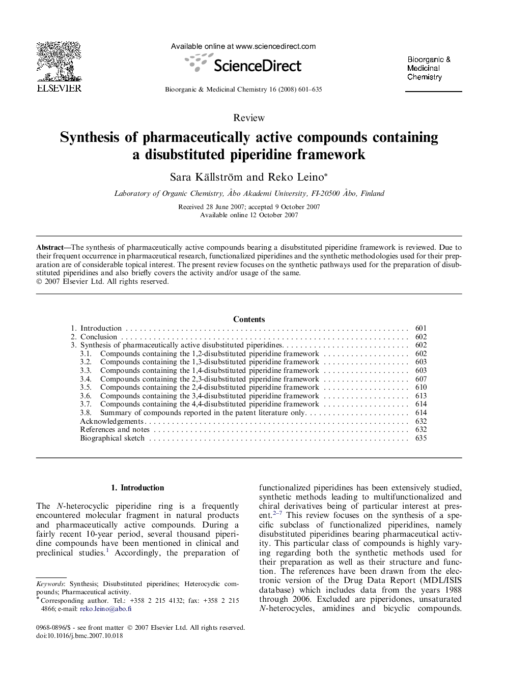 Synthesis of pharmaceutically active compounds containing a disubstituted piperidine framework