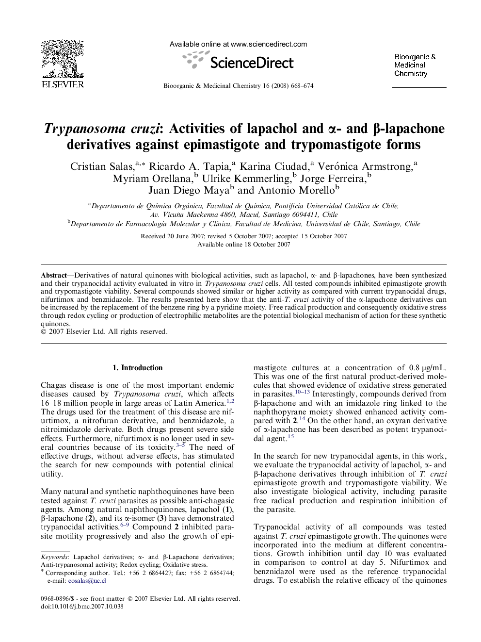 Trypanosoma cruzi: Activities of lapachol and α- and β-lapachone derivatives against epimastigote and trypomastigote forms