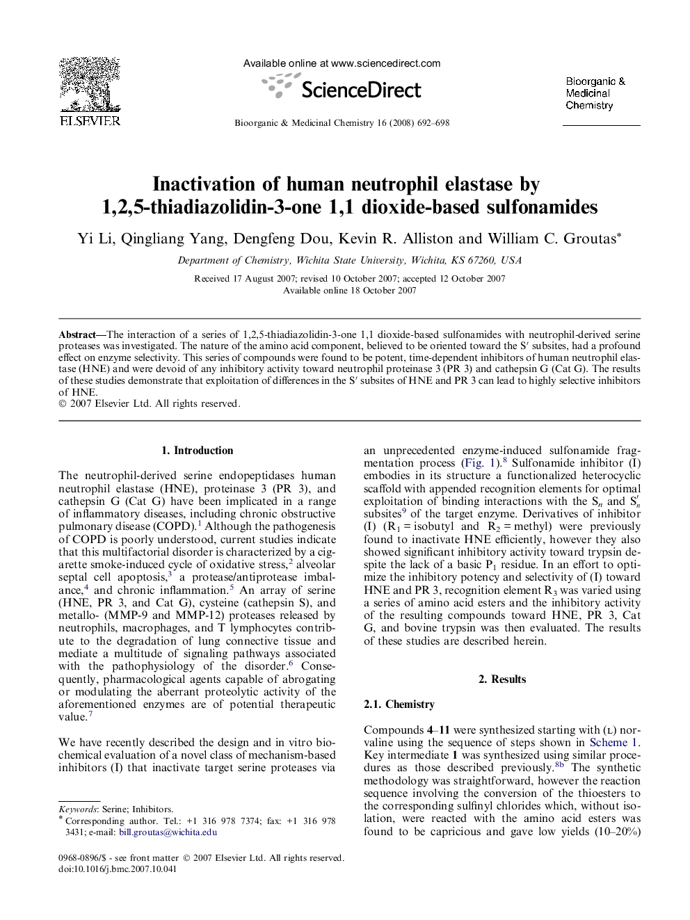 Inactivation of human neutrophil elastase by 1,2,5-thiadiazolidin-3-one 1,1 dioxide-based sulfonamides