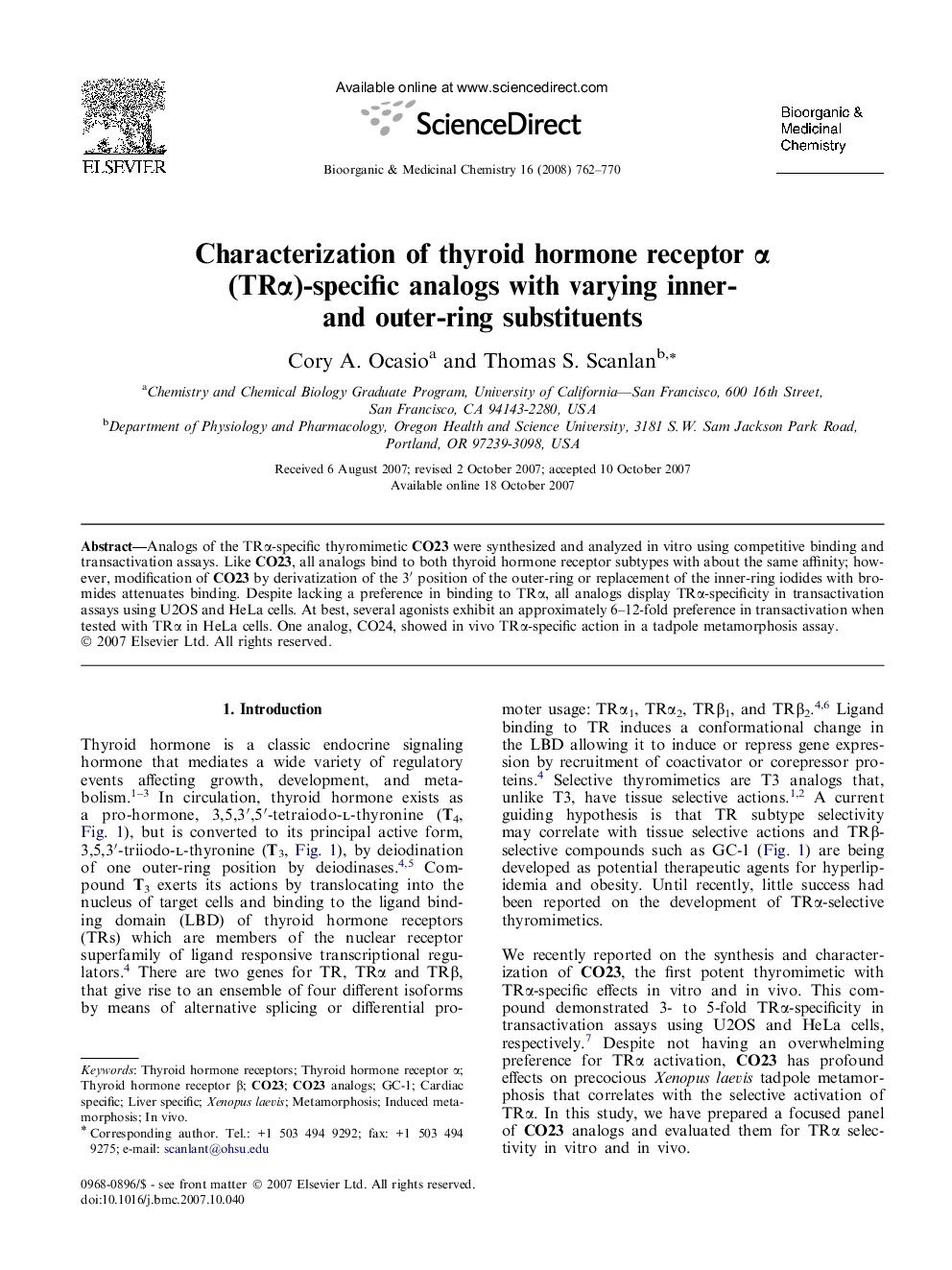 عکس صفحه اول مقاله: Characterization of thyroid hormone receptor α (TRα)-specific analogs with varying inner- and outer-ring substituents Characterization of thyroid hormone receptor α (TRα)-specific analogs with varying inner- and outer-ring substituents