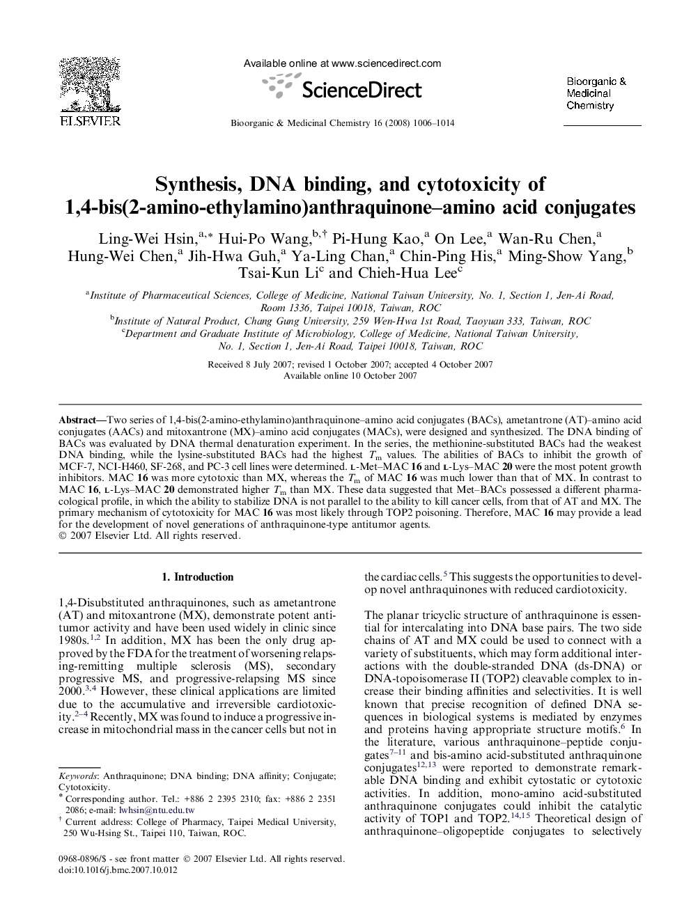 Synthesis, DNA binding, and cytotoxicity of 1,4-bis(2-amino-ethylamino)anthraquinone–amino acid conjugates