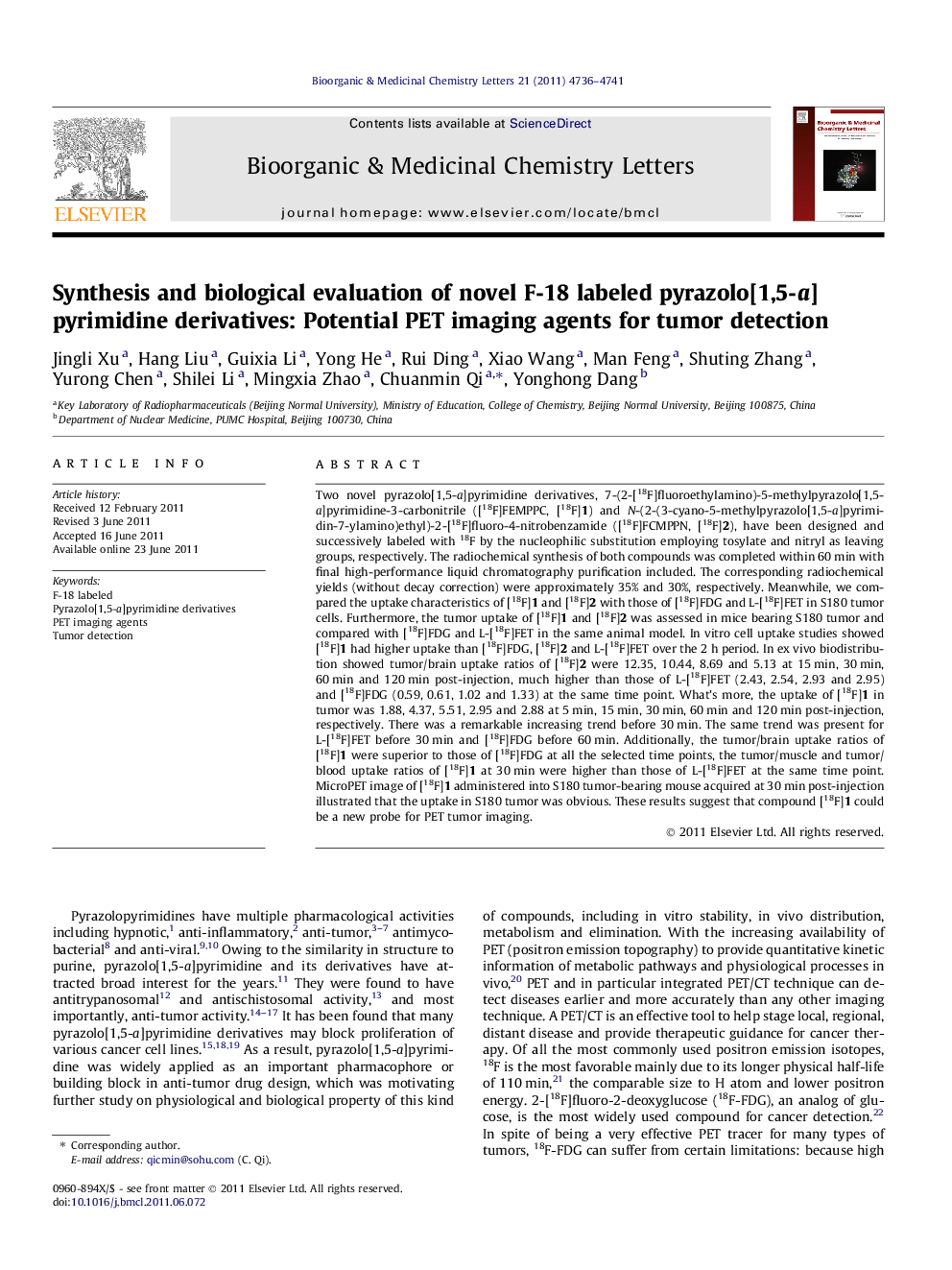 Synthesis and biological evaluation of novel F-18 labeled pyrazolo[1,5-a]pyrimidine derivatives: Potential PET imaging agents for tumor detection