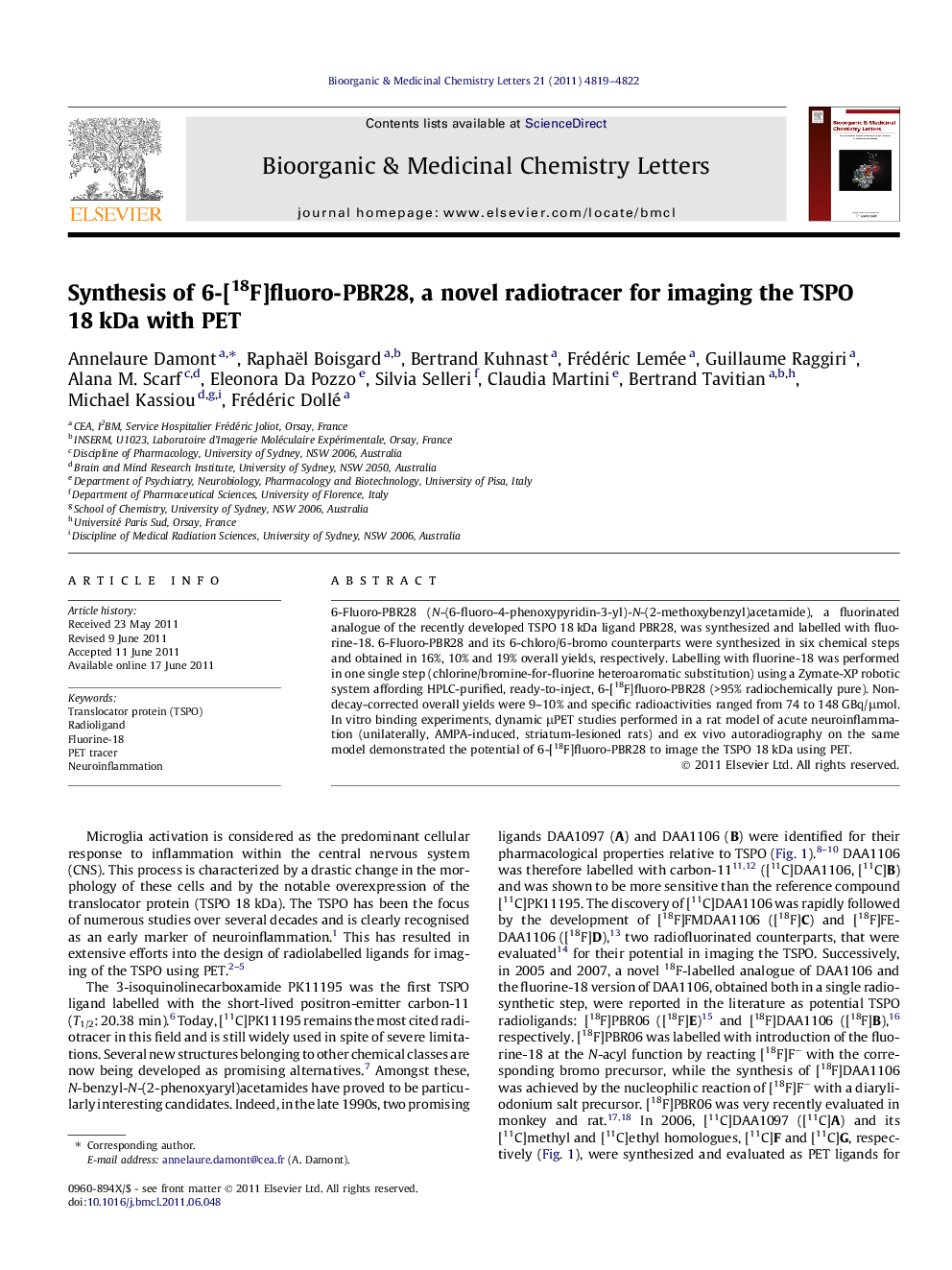 Synthesis of 6-[18F]fluoro-PBR28, a novel radiotracer for imaging the TSPO 18 kDa with PET