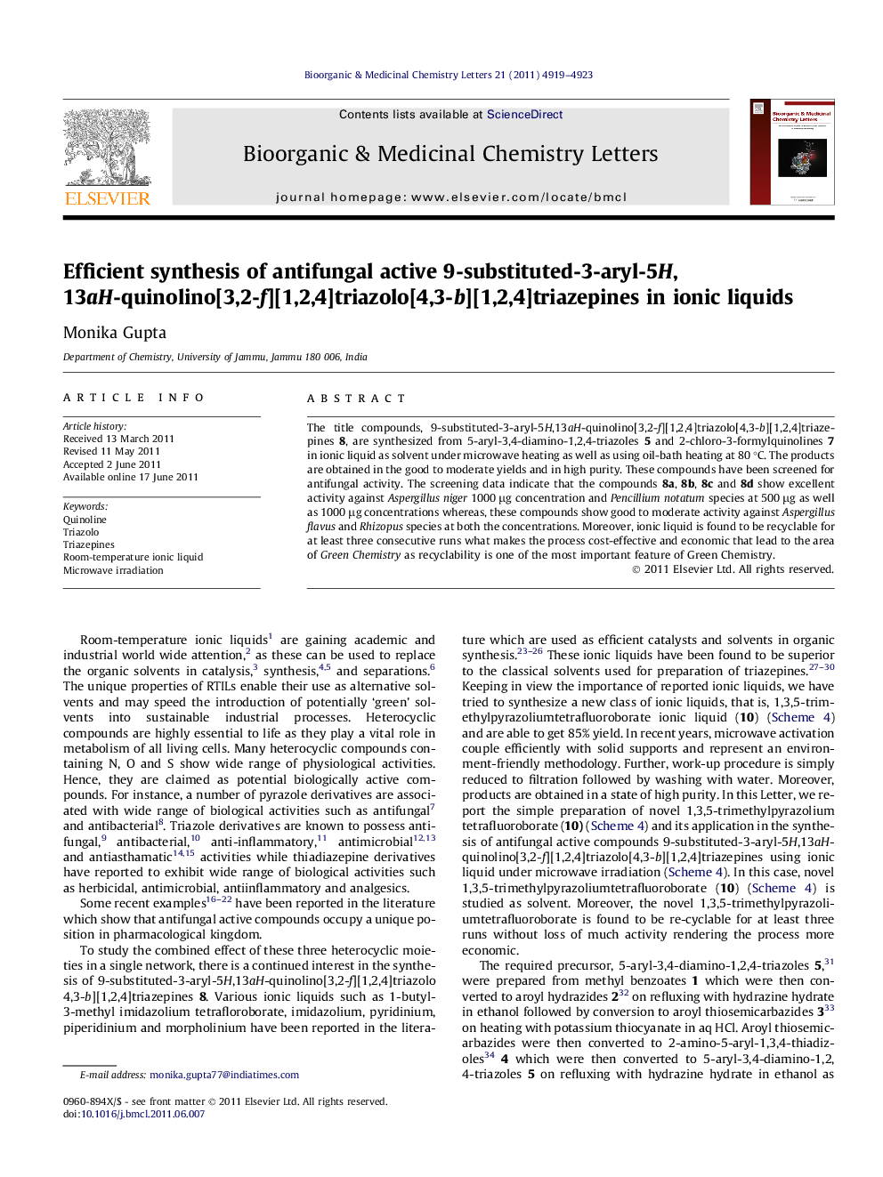 Efficient synthesis of antifungal active 9-substituted-3-aryl-5H,13aH-quinolino[3,2-f][1,2,4]triazolo[4,3-b][1,2,4]triazepines in ionic liquids