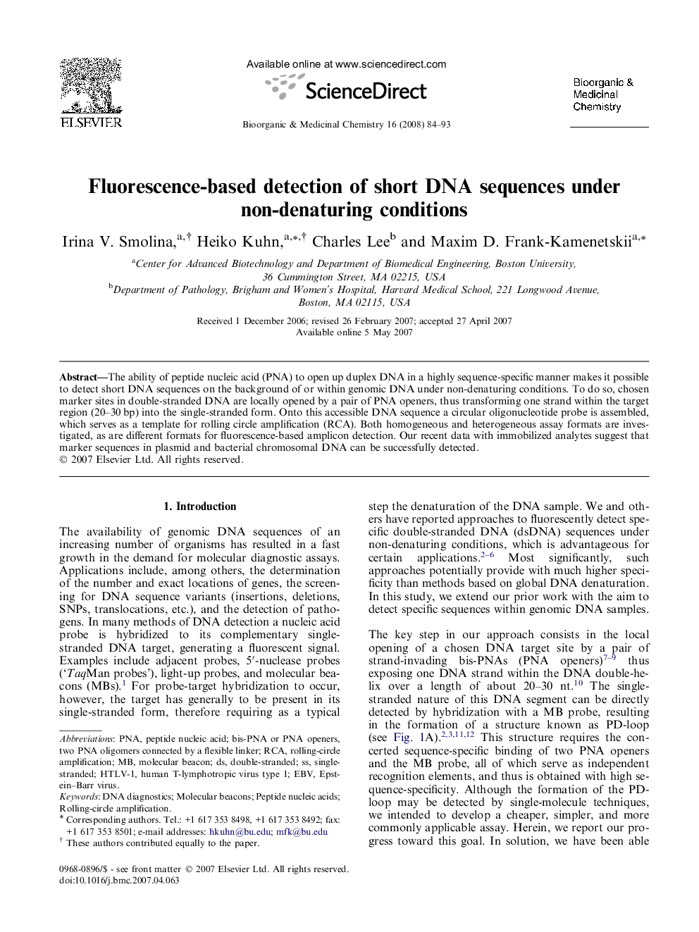 Fluorescence-based detection of short DNA sequences under non-denaturing conditions