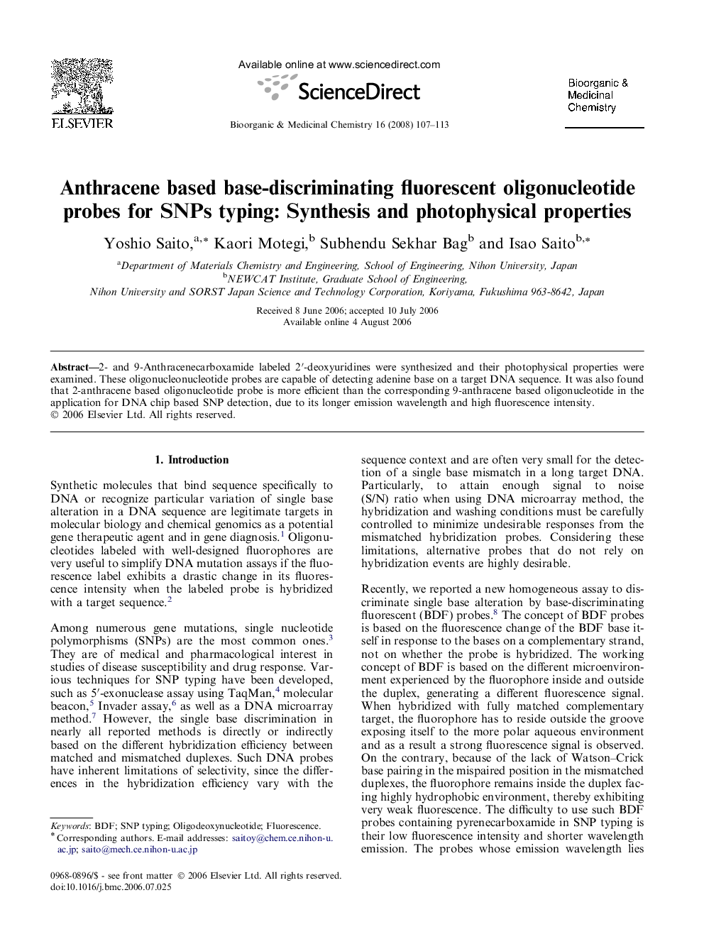 Anthracene based base-discriminating fluorescent oligonucleotide probes for SNPs typing: Synthesis and photophysical properties