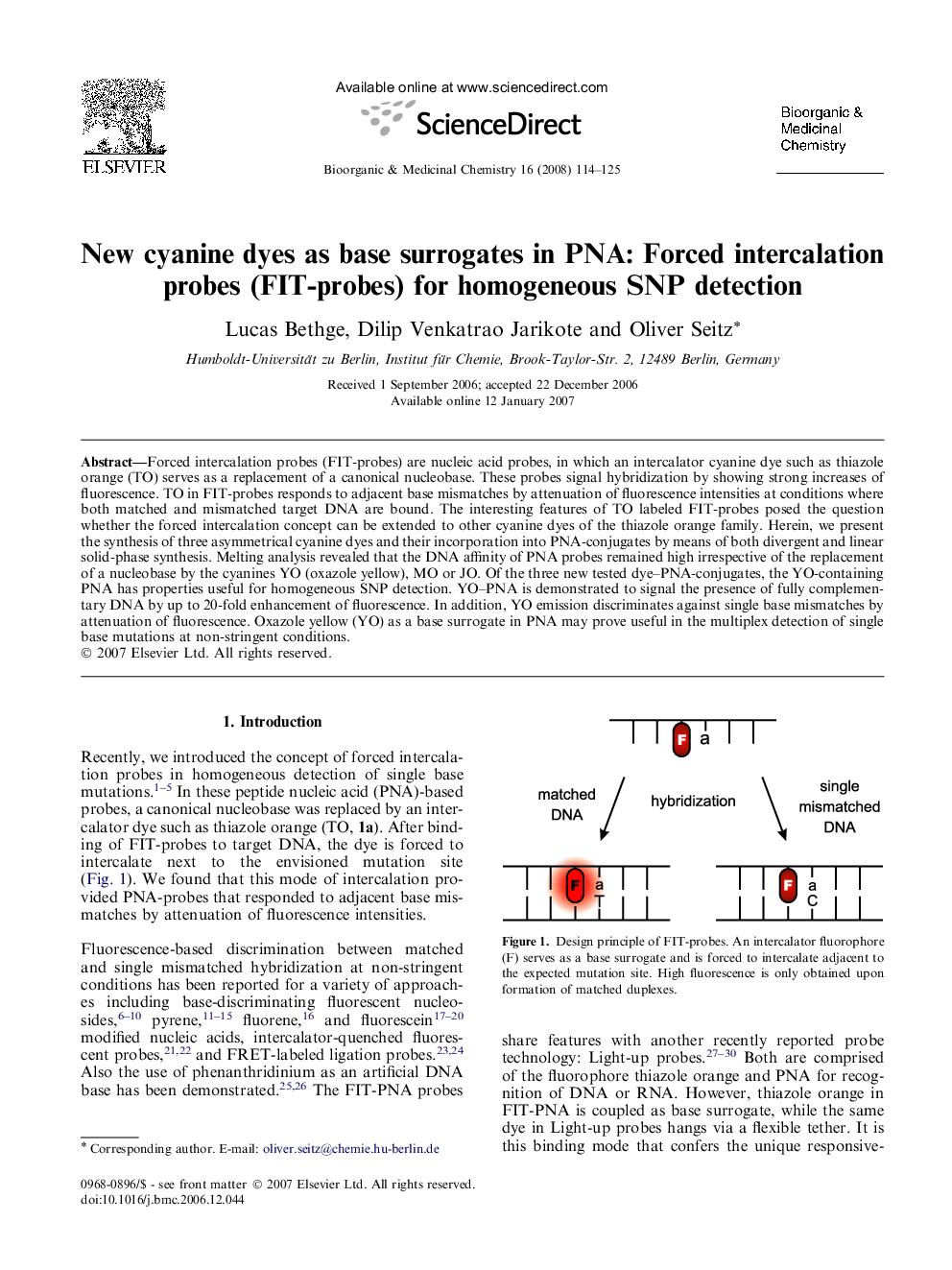 عکس صفحه اول مقاله: New cyanine dyes as base surrogates in PNA: Forced intercalation probes (FIT-probes) for homogeneous SNP detection New cyanine dyes as base surrogates in PNA: Forced intercalation probes (FIT-probes) for homogeneous SNP detection