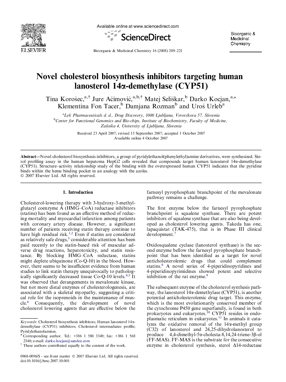 عکس صفحه اول مقاله: Novel cholesterol biosynthesis inhibitors targeting human lanosterol 14α-demethylase (CYP51) Novel cholesterol biosynthesis inhibitors targeting human lanosterol 14α-demethylase (CYP51)