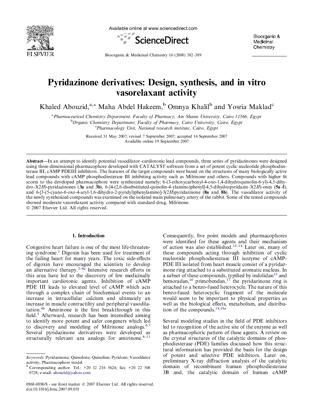 Pyridazinone derivatives: Design, synthesis, and in vitro vasorelaxant activity