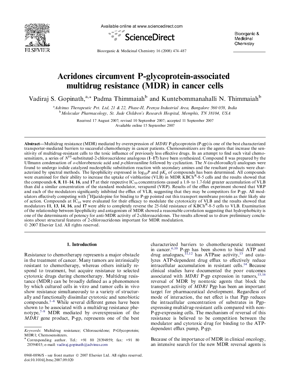 Acridones circumvent P-glycoprotein-associated multidrug resistance (MDR) in cancer cells