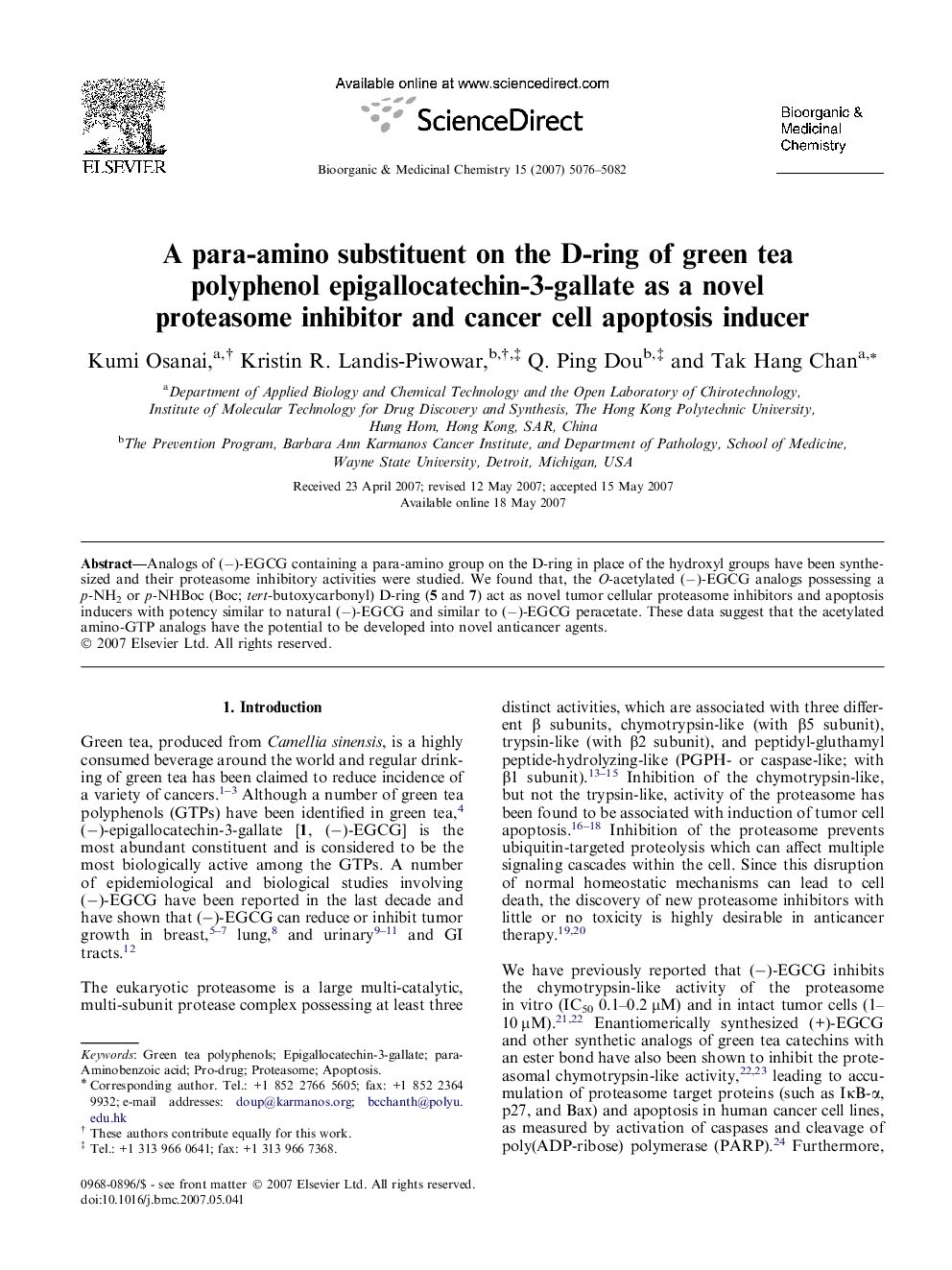 A para-amino substituent on the D-ring of green tea polyphenol epigallocatechin-3-gallate as a novel proteasome inhibitor and cancer cell apoptosis inducer