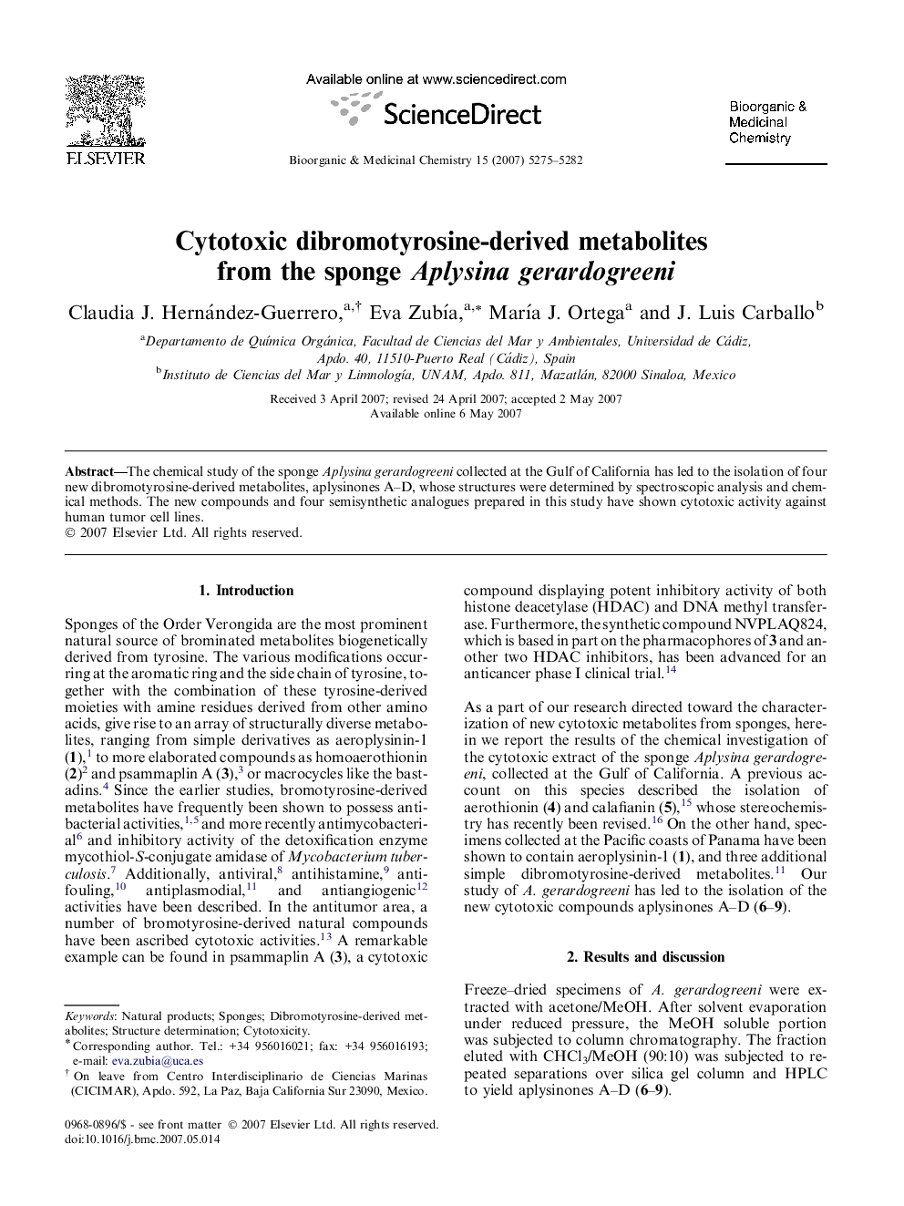 Cytotoxic dibromotyrosine-derived metabolites from the sponge Aplysina gerardogreeni