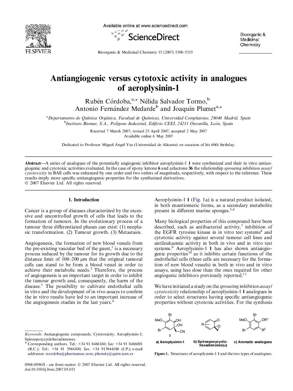 Antiangiogenic versus cytotoxic activity in analogues of aeroplysinin-1