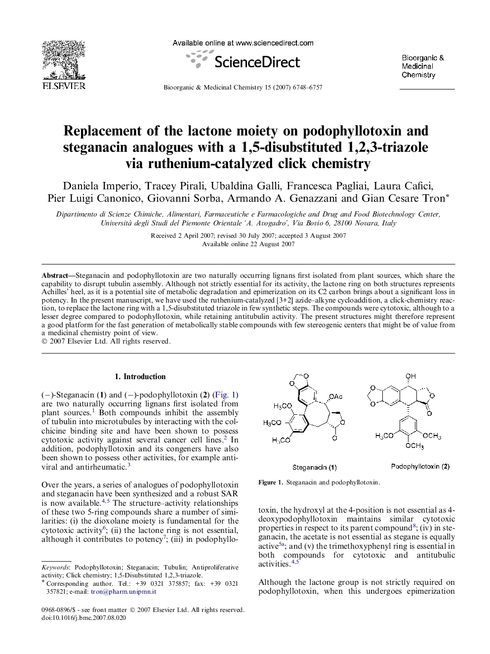 Replacement of the lactone moiety on podophyllotoxin and steganacin analogues with a 1,5-disubstituted 1,2,3-triazole via ruthenium-catalyzed click chemistry