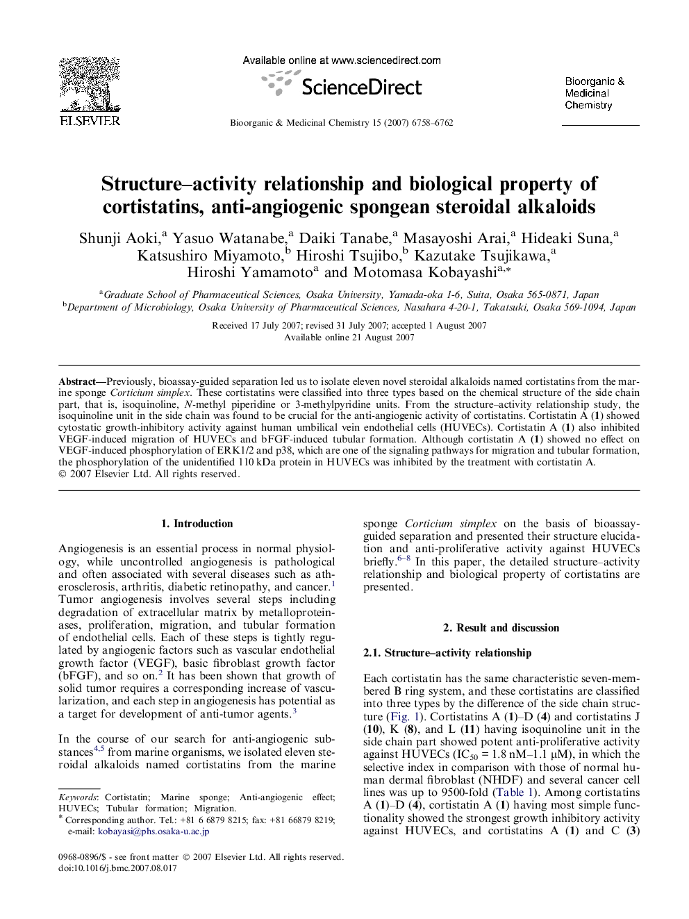 Structure–activity relationship and biological property of cortistatins, anti-angiogenic spongean steroidal alkaloids