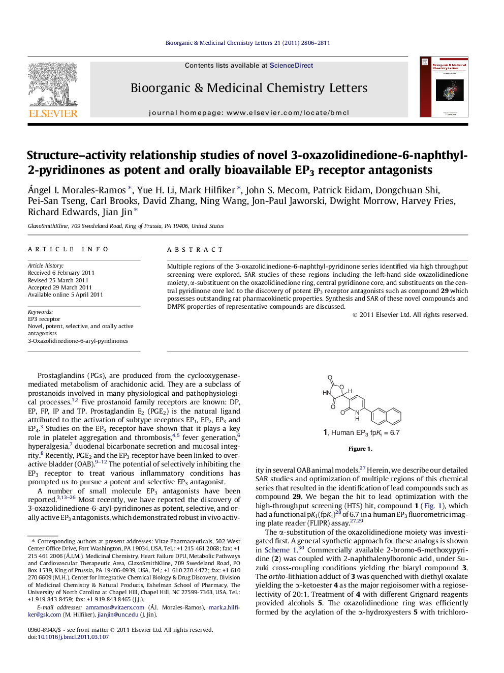 Structure–activity relationship studies of novel 3-oxazolidinedione-6-naphthyl-2-pyridinones as potent and orally bioavailable EP3 receptor antagonists