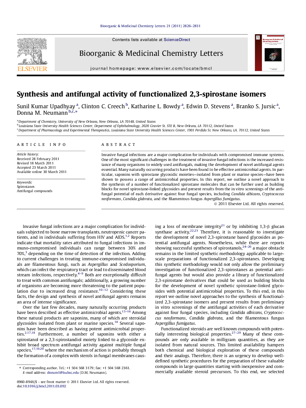 Synthesis and antifungal activity of functionalized 2,3-spirostane isomers