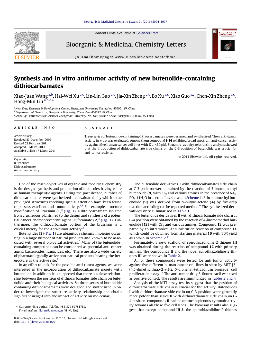 Synthesis and in vitro antitumor activity of new butenolide-containing dithiocarbamates