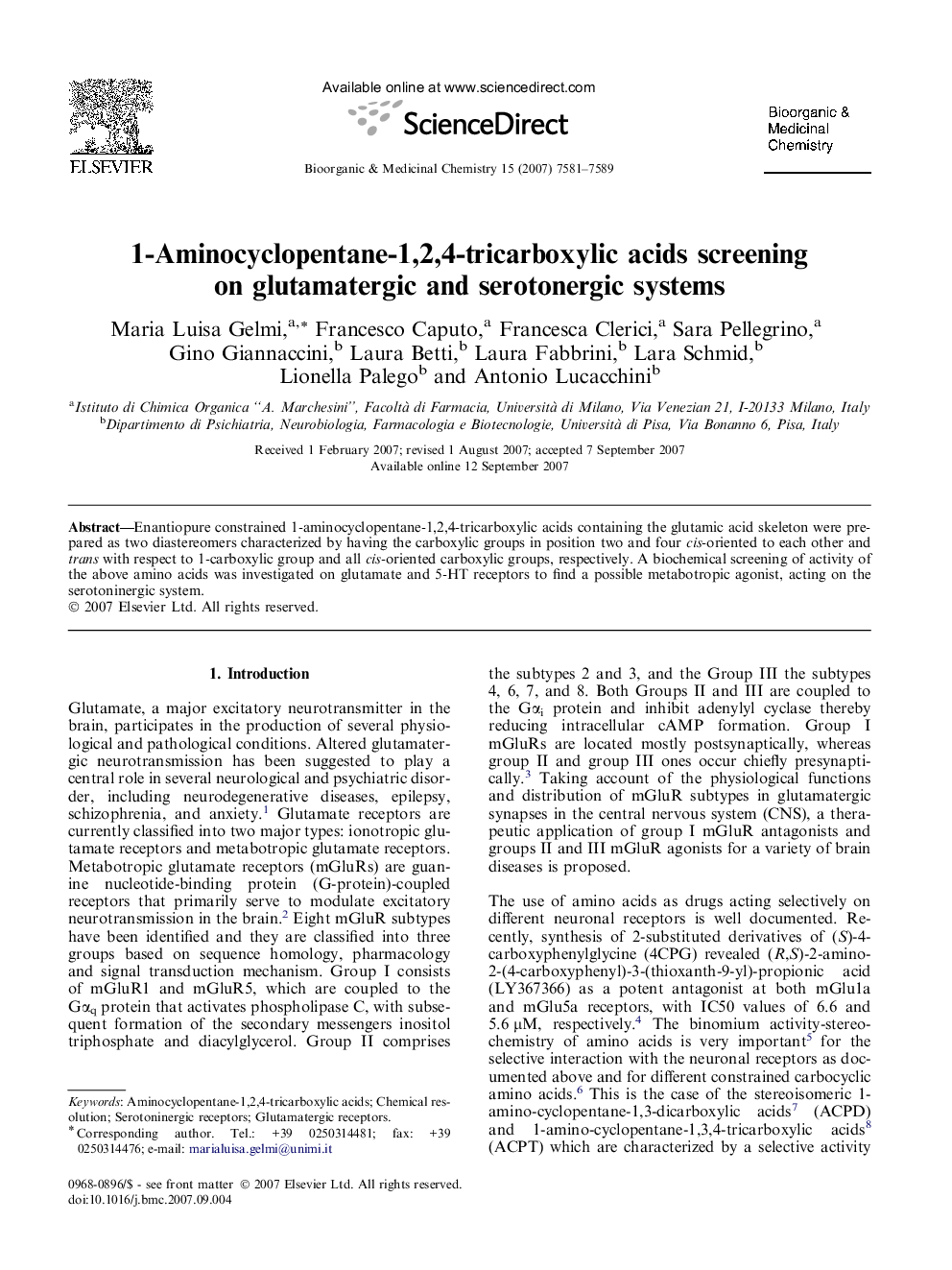 1-Aminocyclopentane-1,2,4-tricarboxylic acids screening on glutamatergic and serotonergic systems