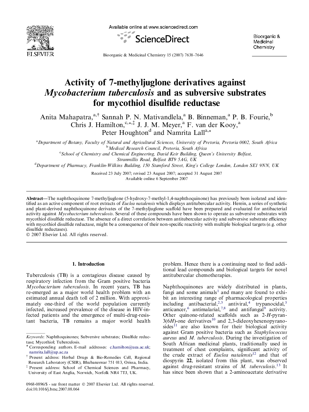 Activity of 7-methyljuglone derivatives against Mycobacterium tuberculosis and as subversive substrates for mycothiol disulfide reductase