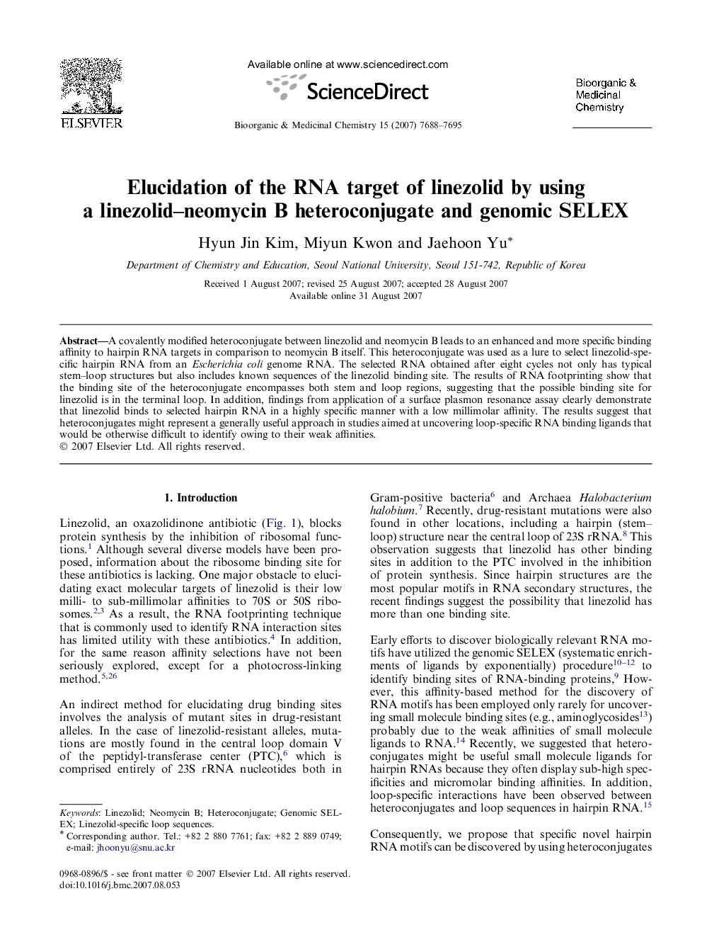 Elucidation of the RNA target of linezolid by using a linezolid–neomycin B heteroconjugate and genomic SELEX