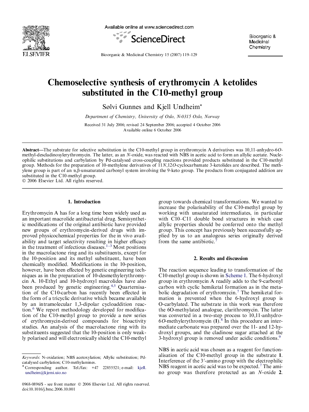 Chemoselective synthesis of erythromycin A ketolides substituted in the C10-methyl group