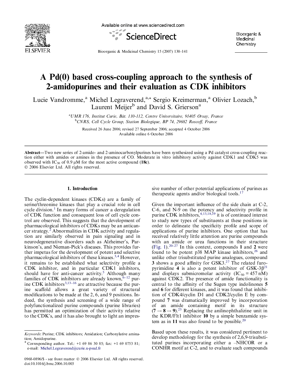 A Pd(0) based cross-coupling approach to the synthesis of 2-amidopurines and their evaluation as CDK inhibitors