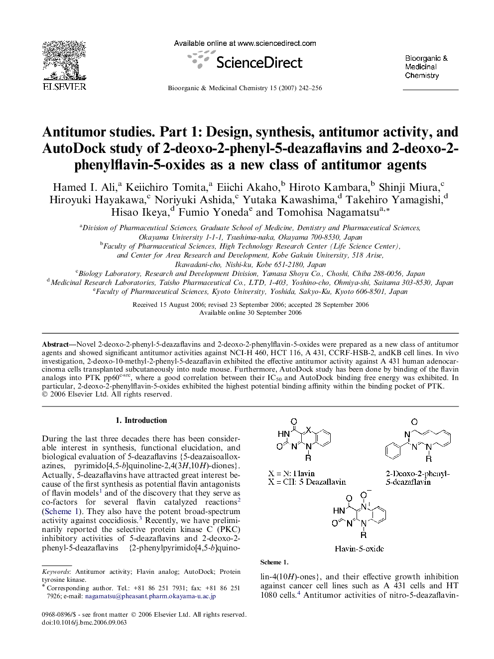 Antitumor studies. Part 1: Design, synthesis, antitumor activity, and AutoDock study of 2-deoxo-2-phenyl-5-deazaflavins and 2-deoxo-2-phenylflavin-5-oxides as a new class of antitumor agents