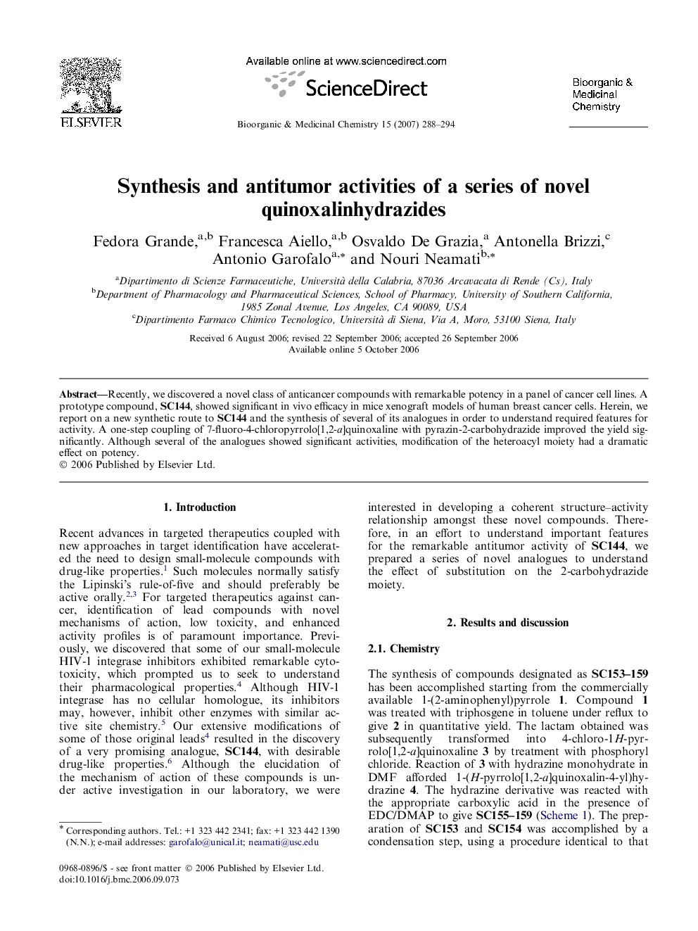 عکس صفحه اول مقاله: Synthesis and antitumor activities of a series of novel quinoxalinhydrazides Synthesis and antitumor activities of a series of novel quinoxalinhydrazides