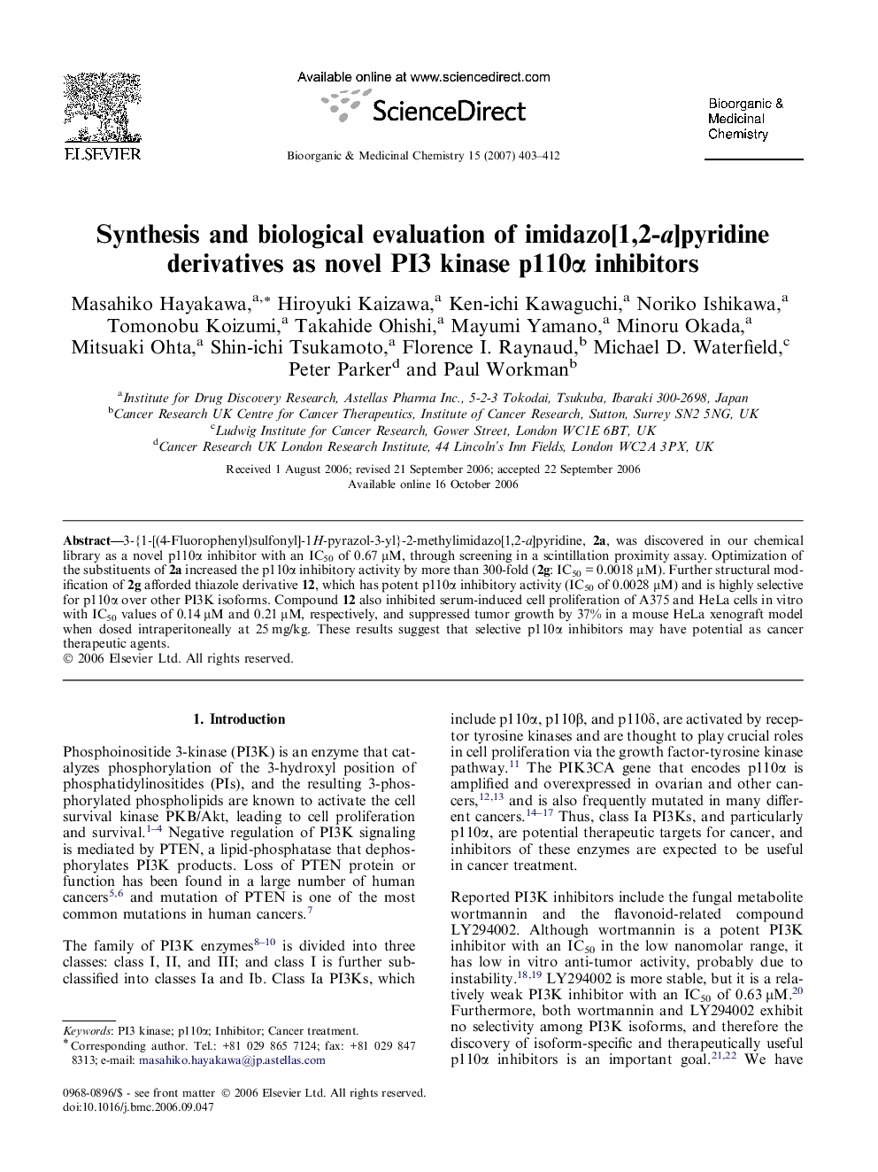 Synthesis and biological evaluation of imidazo[1,2-a]pyridine derivatives as novel PI3 kinase p110α inhibitors