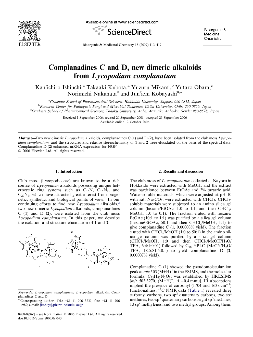 Complanadines C and D, new dimeric alkaloids from Lycopodium complanatum