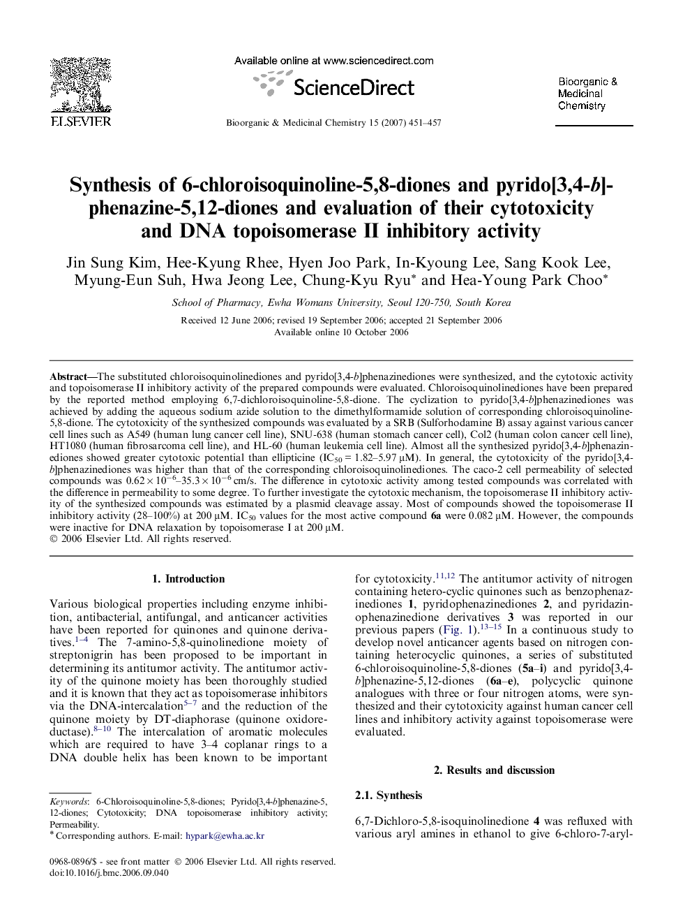 Synthesis of 6-chloroisoquinoline-5,8-diones and pyrido[3,4-b]phenazine-5,12-diones and evaluation of their cytotoxicity and DNA topoisomerase II inhibitory activity