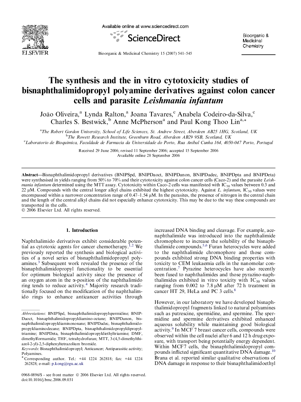 The synthesis and the in vitro cytotoxicity studies of bisnaphthalimidopropyl polyamine derivatives against colon cancer cells and parasite Leishmania infantum