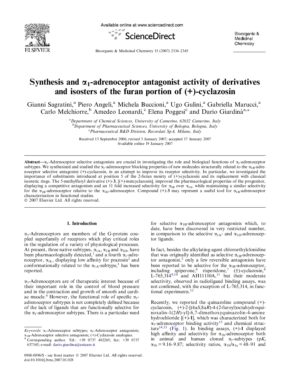 عکس صفحه اول مقاله: Synthesis and α1-adrenoceptor antagonist activity of derivatives and isosters of the furan portion of (+)-cyclazosin Synthesis and α1-adrenoceptor antagonist activity of derivatives and isosters of the furan portion of (+)-cyclazosin