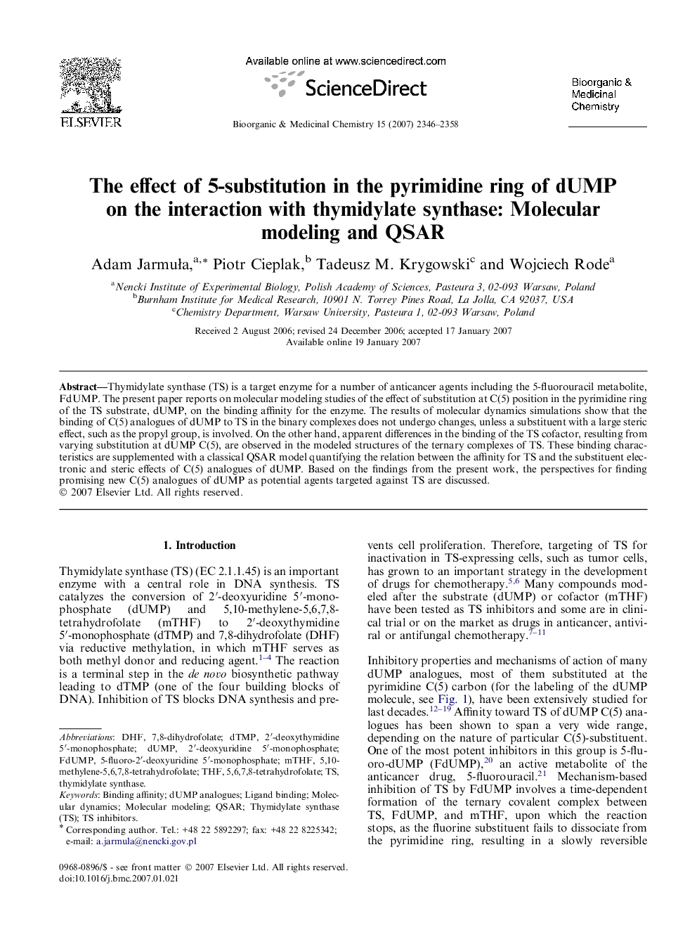 عکس صفحه اول مقاله: The effect of 5-substitution in the pyrimidine ring of dUMP on the interaction with thymidylate synthase: Molecular modeling and QSAR The effect of 5-substitution in the pyrimidine ring of dUMP on the interaction with thymidylate synthase: Molecular modeling and QSAR