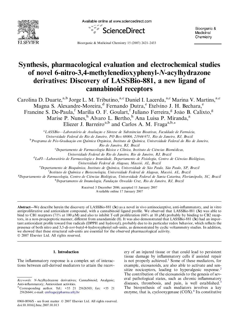 Synthesis, pharmacological evaluation and electrochemical studies of novel 6-nitro-3,4-methylenedioxyphenyl-N-acylhydrazone derivatives: Discovery of LASSBio-881, a new ligand of cannabinoid receptors