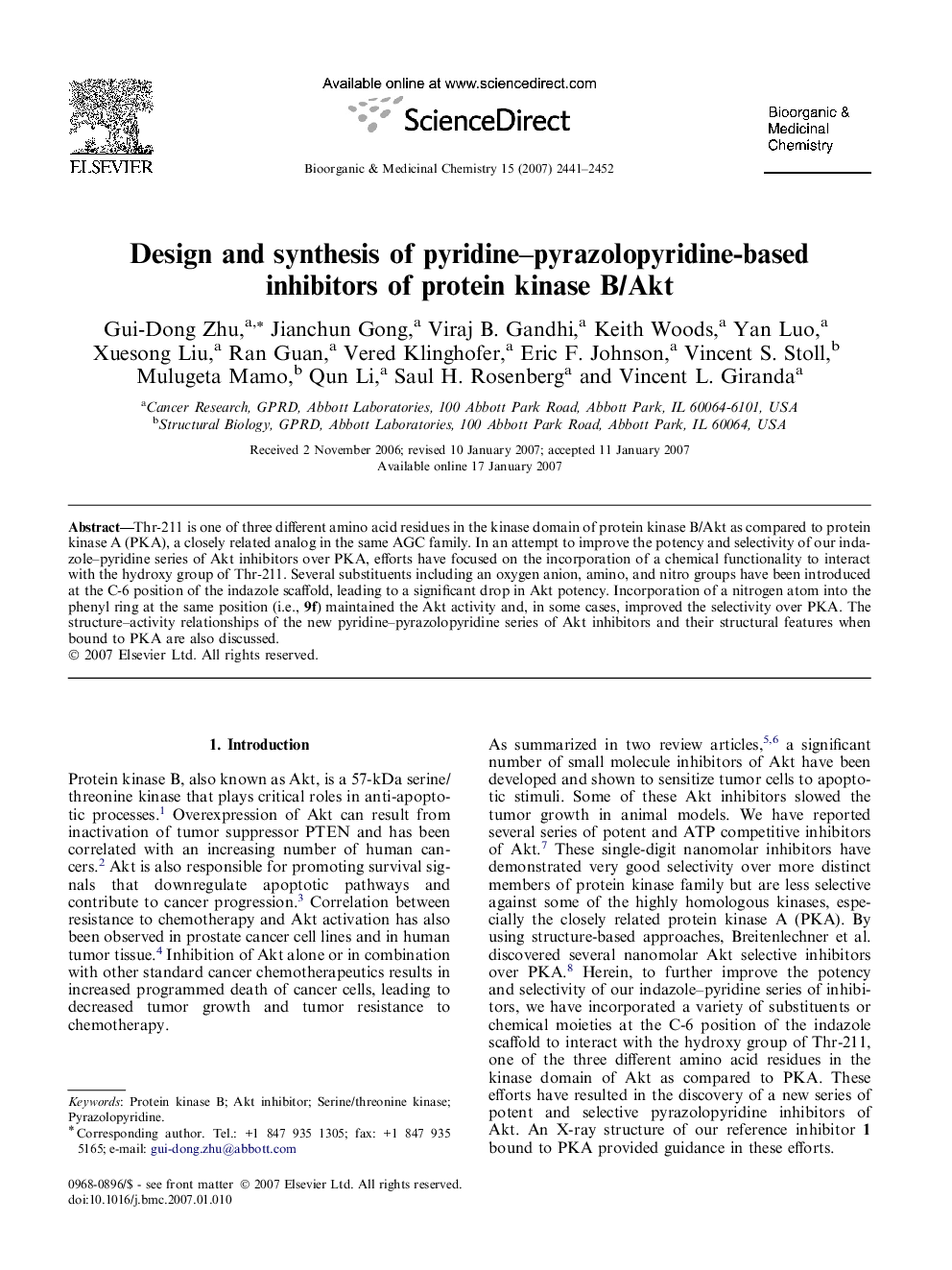 Design and synthesis of pyridine–pyrazolopyridine-based inhibitors of protein kinase B/Akt