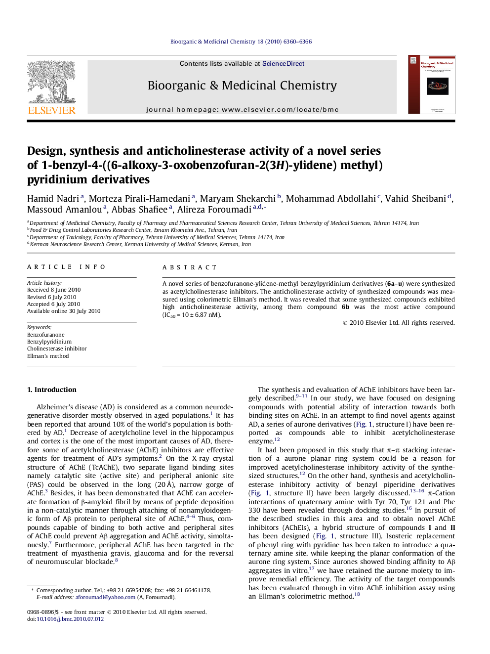 Design, synthesis and anticholinesterase activity of a novel series of 1-benzyl-4-((6-alkoxy-3-oxobenzofuran-2(3H)-ylidene) methyl) pyridinium derivatives