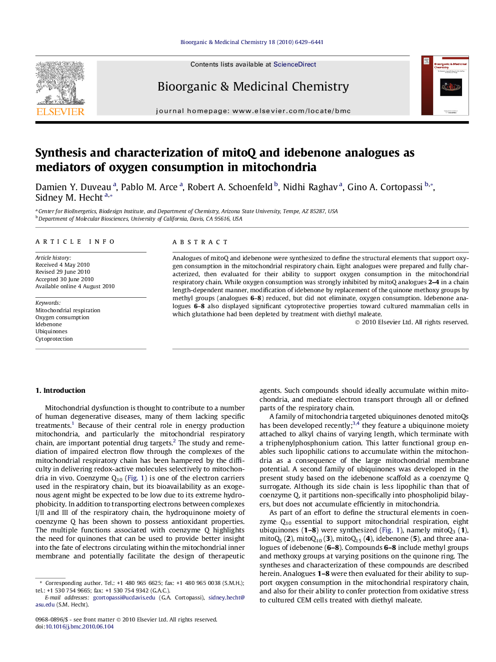 عکس صفحه اول مقاله: Synthesis and characterization of mitoQ and idebenone analogues as mediators of oxygen consumption in mitochondria Synthesis and characterization of mitoQ and idebenone analogues as mediators of oxygen consumption in mitochondria