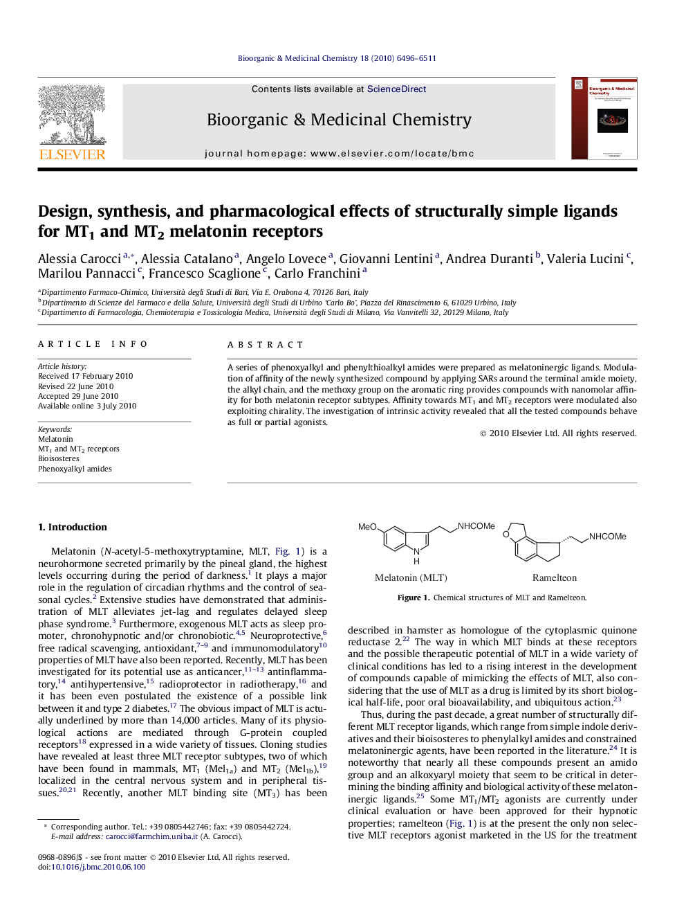 Design, synthesis, and pharmacological effects of structurally simple ligands for MT1 and MT2 melatonin receptors