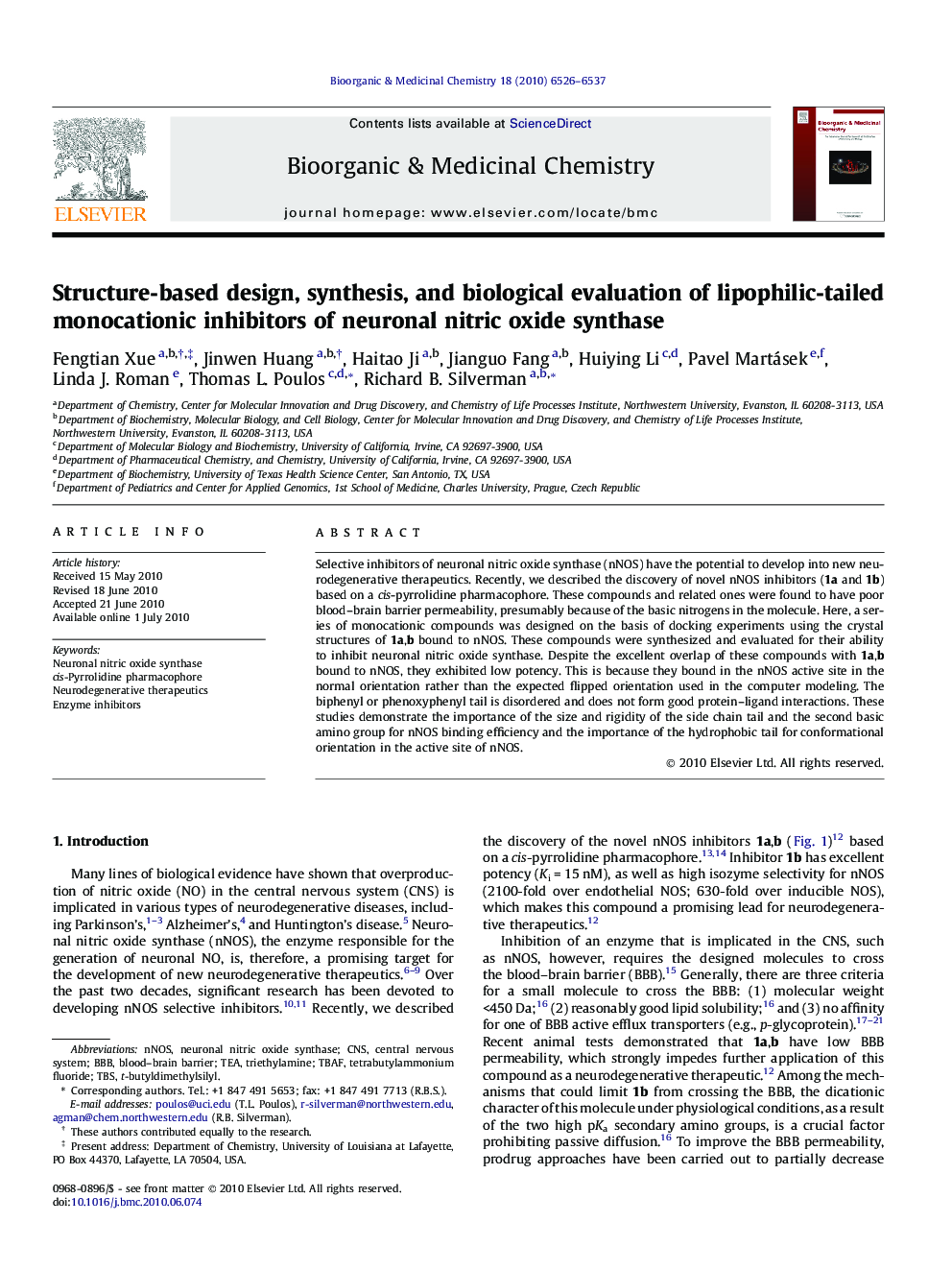 عکس صفحه اول مقاله: Structure-based design, synthesis, and biological evaluation of lipophilic-tailed monocationic inhibitors of neuronal nitric oxide synthase Structure-based design, synthesis, and biological evaluation of lipophilic-tailed monocationic inhibitors of neuronal nitric oxide synthase