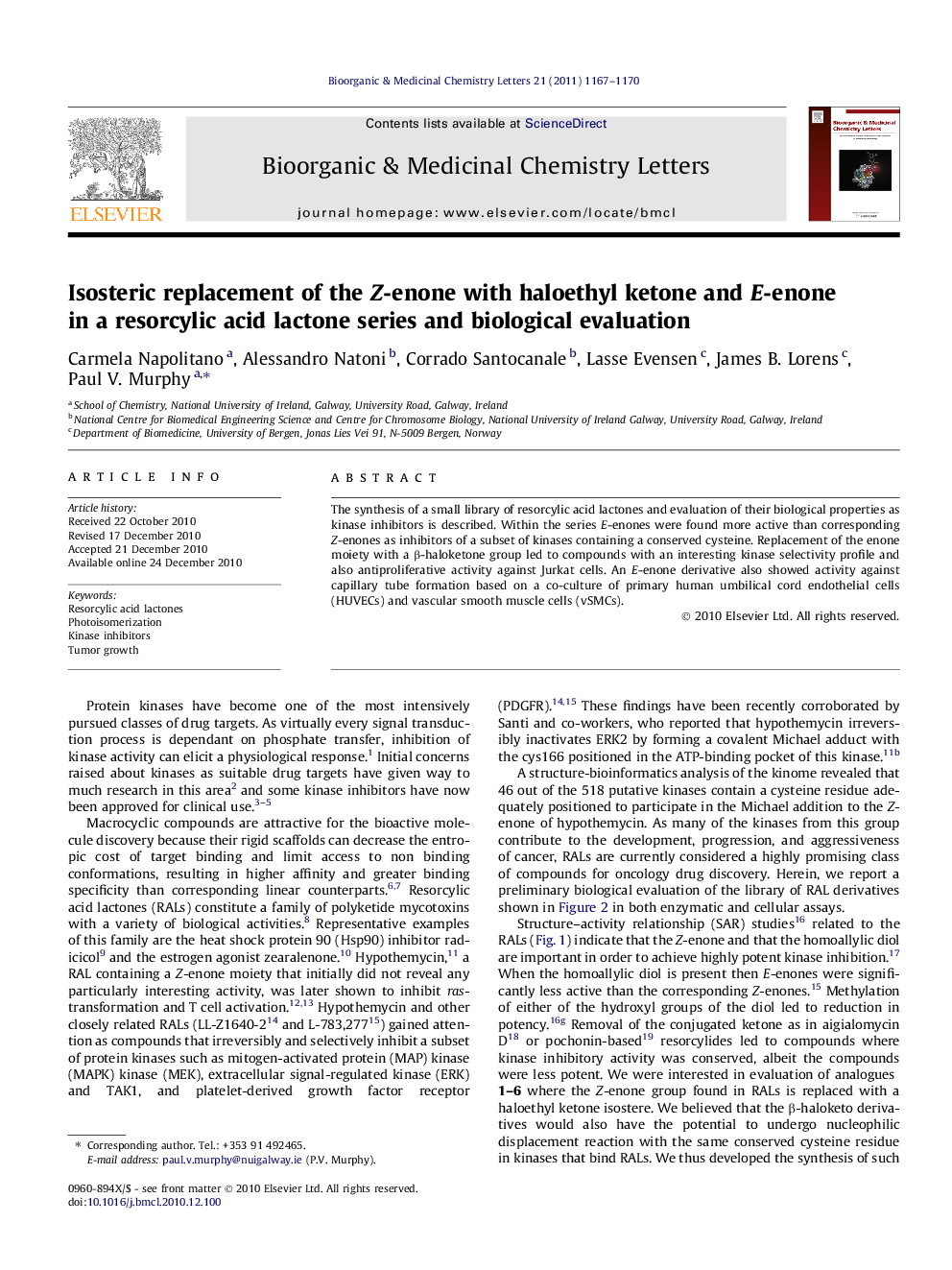 Isosteric replacement of the Z-enone with haloethyl ketone and E-enone in a resorcylic acid lactone series and biological evaluation