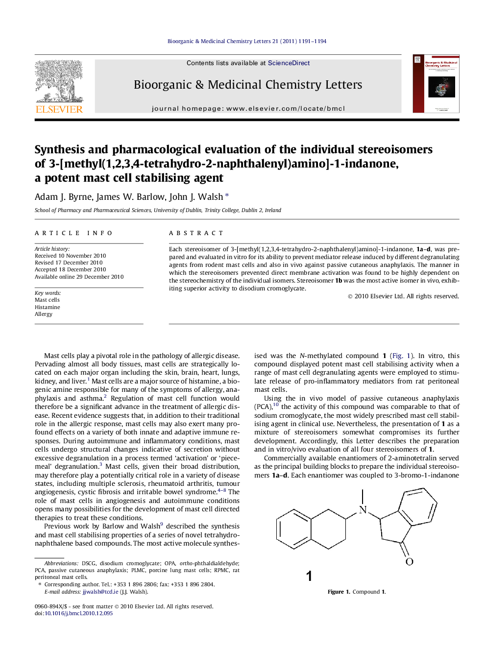 Synthesis and pharmacological evaluation of the individual stereoisomers of 3-[methyl(1,2,3,4-tetrahydro-2-naphthalenyl)amino]-1-indanone, a potent mast cell stabilising agent