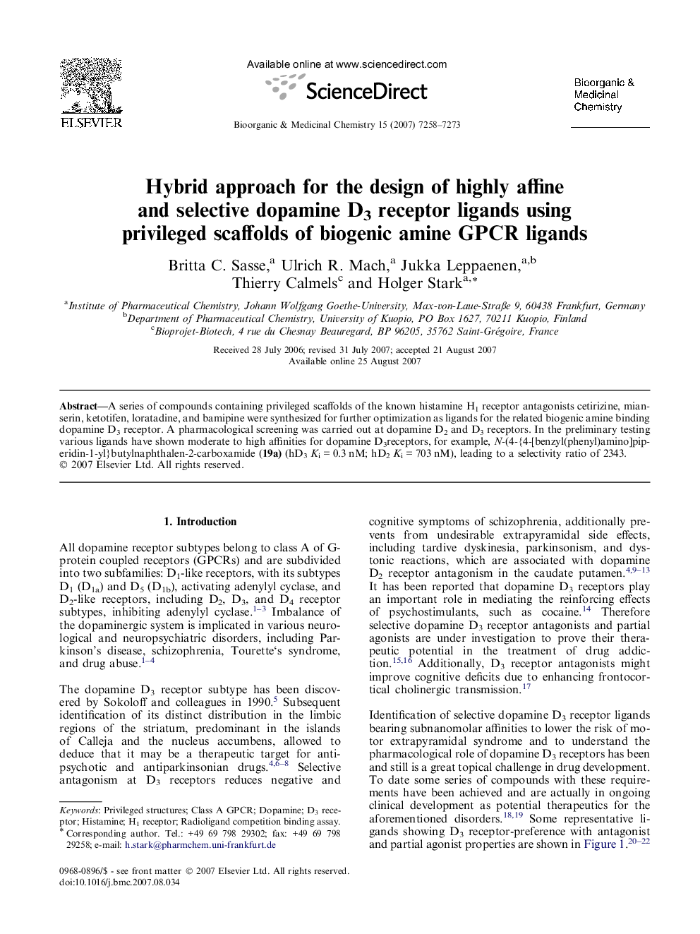 Hybrid approach for the design of highly affine and selective dopamine D3 receptor ligands using privileged scaffolds of biogenic amine GPCR ligands